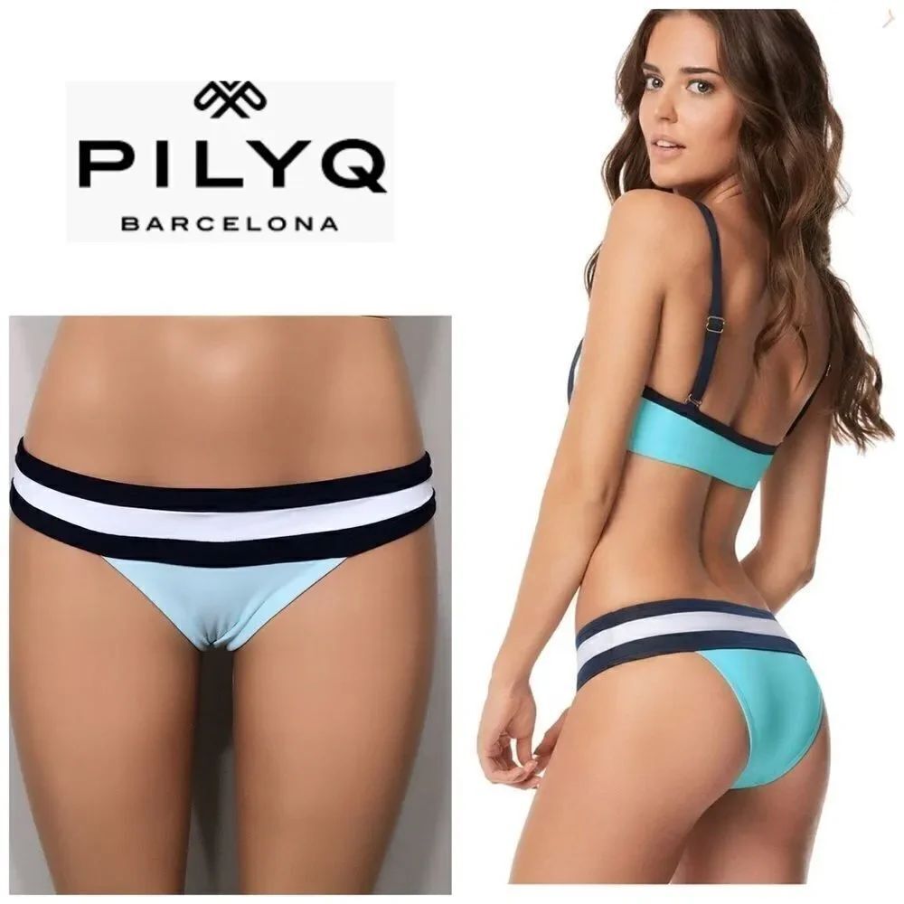 PILYQ Aquamarine banded teeny bikini bottoms. Large